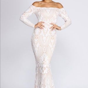 Nude & white sequin off the shoulder formal dress